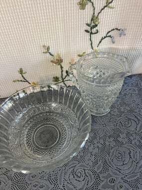 Vintage Anchor Hocking Wexford Pitcher Creamer and Sandwich Pattern Glass Bowl